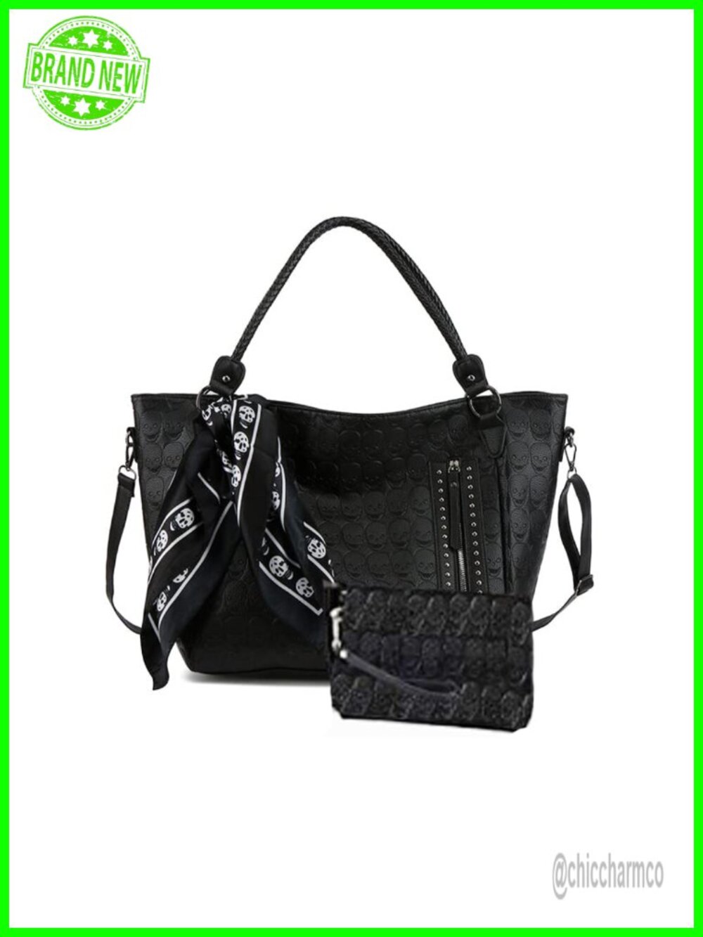 zuoge PU Leather Skull Tote Bag Studded Satchel Purse Wallet Set